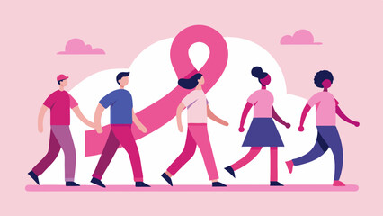 People participating in breast cancer awareness walks, Awareness Walk Illustrations, Charity Event, People Supporting Cancer Awareness