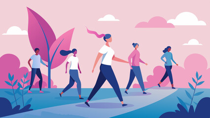 People participating in breast cancer awareness walks, Awareness Walk Illustrations, Charity Event, People Supporting Cancer Awareness