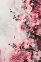 Elegant white marbled ink painting adorned with delicate pink flowers, blending fluid textures