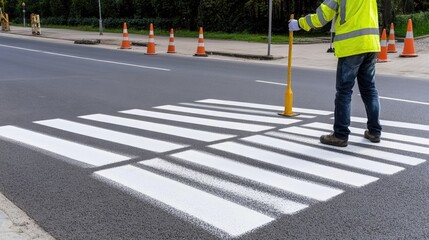 A highway worker dressed in reflective gear paints yellow stripes on a crosswalk while standing in shallow water on a city street, surrounded by trees and vehicles