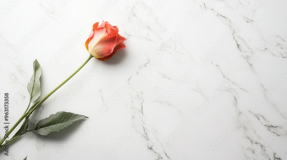 Aufkleber a delicate rose rests on a polished white marble tabletop, showcasing its vibrant colors and smooth 