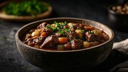 Detailed shot of a hearty beef stew with tender meat, vegetables, and a rich gravy, served in a rustic bowl, capturing the comforting and satisfying appearance.