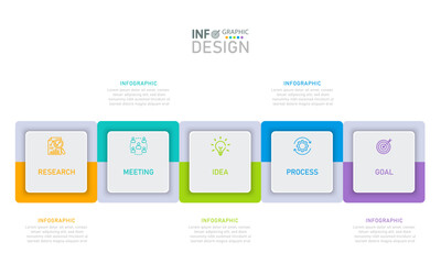 Business infographic presentation process or process design template with 5 step process options for tasks and website design.
