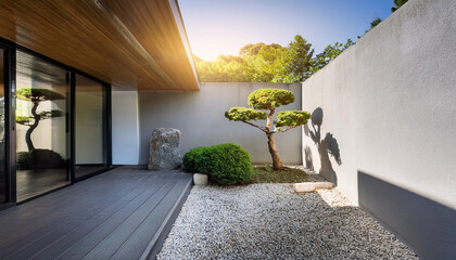 A large tree is in the middle of a small garden with a stone wall