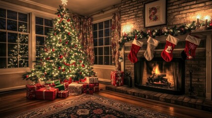 Obraz premium Cozy Christmas living room with a decorated tree, stockings by the fireplace, and presents underneath.