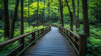 Beautiful view of boardwalks through the green forest at Alishan Forest Recreation Area in Chiayi Taiwan : Generative AI