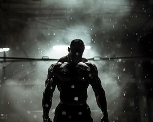 Bodybuilder Performing Intense Exercises in Dark Atmospheric Underground Gym with Dramatic Lighting