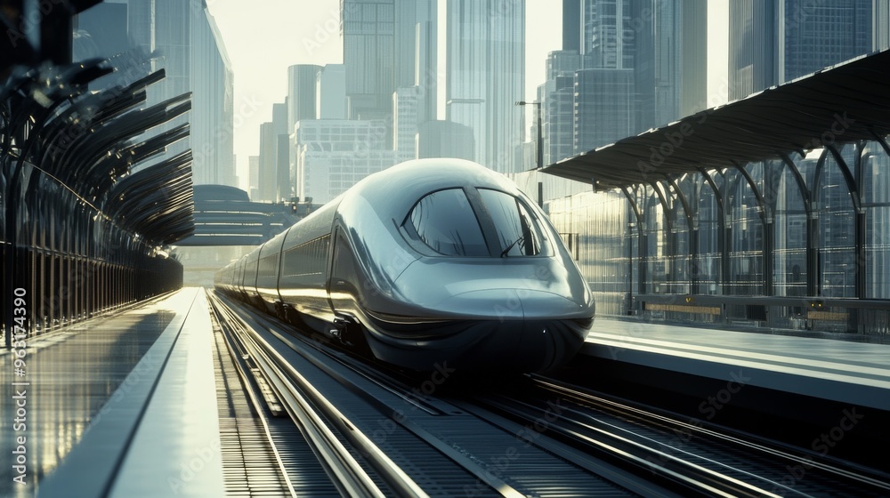 Poster detailed shot of a high-speed train approaching a station, showcasing its streamlined exterior and a