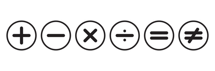 Plus, minus, multiply, divide, equal and hashtag sign icon design set. Calculation and Mathematical sign symbol icon. Addition, subtraction, multiplication, division, equal sign, icon symbol.