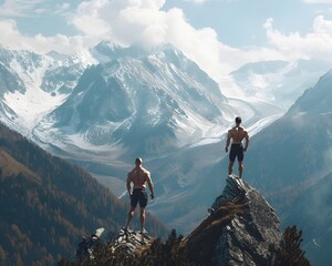 Muscular Bodybuilder Performs Routine on Scenic Mountain Peak with Breathtaking Vistas