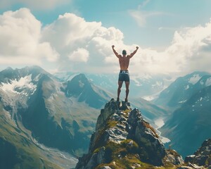 Bodybuilder Performing on Scenic Mountain Peak with Breathtaking Views