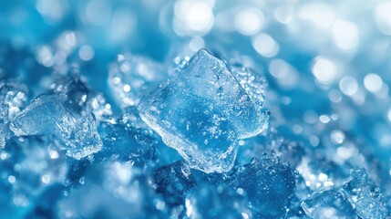 Close-up of transparent ice cube with blue reflection against blurred frozen background. Cold freshness concept