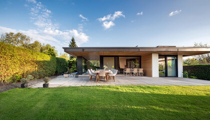 A large house with a patio and a dining table