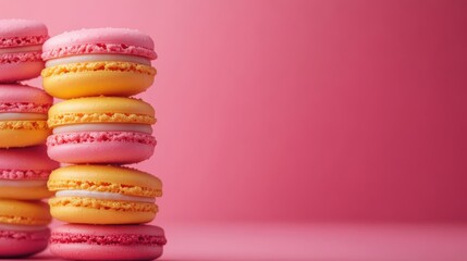Colorful pink and yellow macarons stacked on a pink background. Bright and vibrant dessert perfect for bakery banners, invitations, or sweet-themed promotions. Copy space for text or branding.