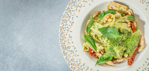 Tagliatelle pasta with pesto, chicken and Parmesan, Long banner format. top view. copy space for text