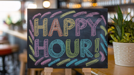 Colorful "Happy Hour" chalkboard sign with vibrant handwritten typography displayed in a cozy cafe or bar setting, perfect for promoting drink specials, casual events, and cocktail hours.