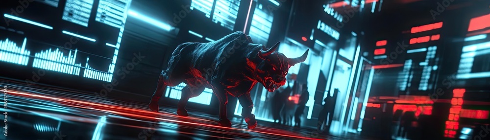 Poster a futuristic scene featuring a cybernetic creature in a neon-lit environment, showcasing technology 