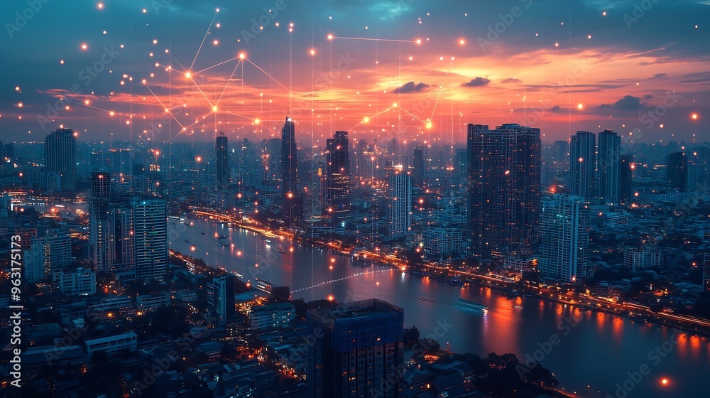 Aufkleber Wireless network and Connection technology concept with Abstract Bangkok city background : Generative AI
