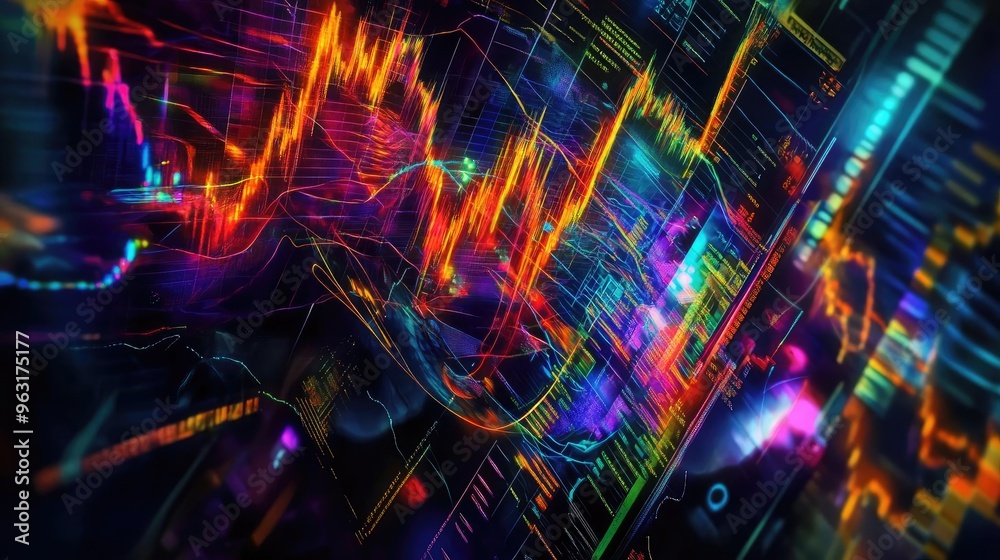 Fototapete Vibrant abstract visualization of data trends, featuring colorful graphs and intricate patterns representing technology and analytics.