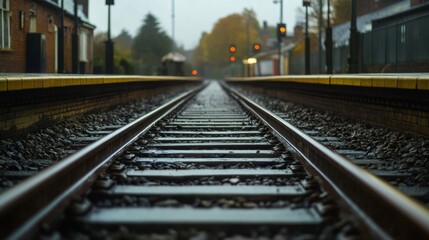 Detailed shot of a railway platform with tracks in view, showing the interaction between the platform and the rails, and the surrounding environment