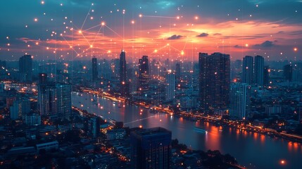 Fototapeta premium Wireless network and Connection technology concept with Abstract Bangkok city background : Generative AI