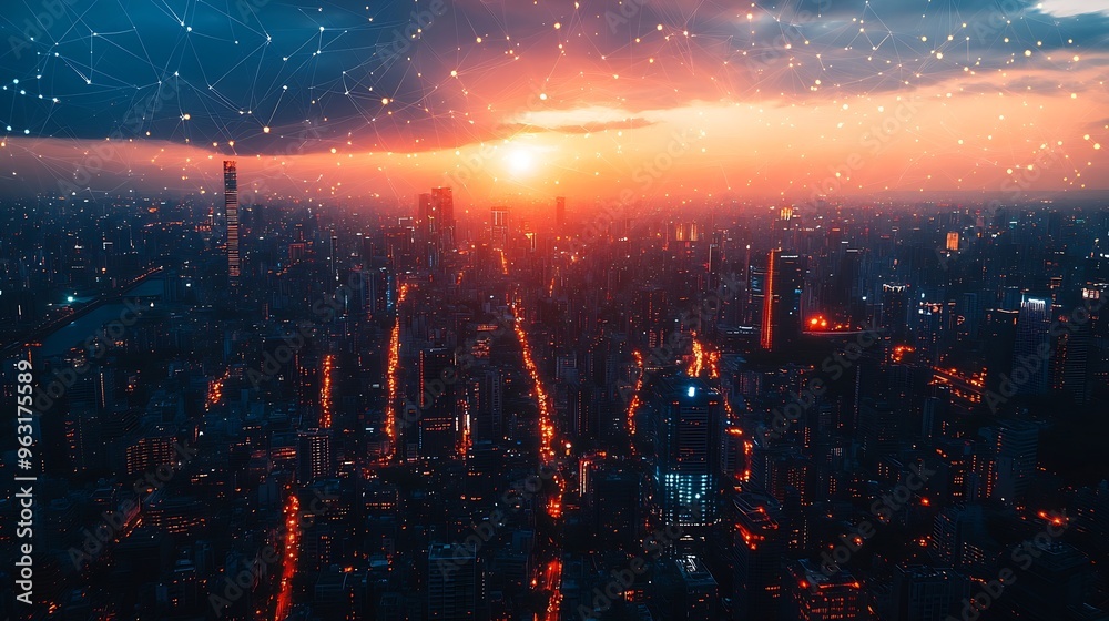 Aufkleber Telecommunication network above city wireless mobile internet technology for smart grid or 5G LTE data connection concept about IoT global business fintech blockchain : Generative AI