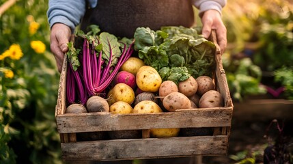 Person holding a rustic crate packed with organic root vegetables, potatoes, beets, and turnips spilling over the edges, evening light creating long shadows, background slightly blurred with hints of
