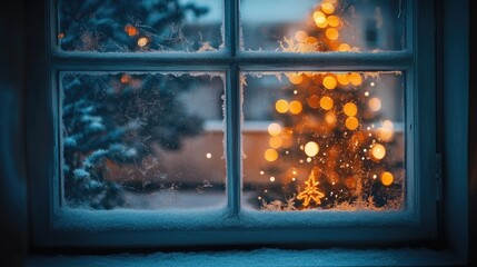 Frosted window with a view of a Christmas tree and glowing lights inside a cozy home.