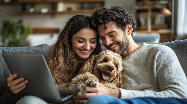 Portrait of happy young couple using laptop man holding mobile phone hugging dog sitting together on comfortable sofa at home Online shopping concept : Generative AI