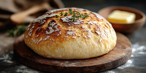 Freshly Baked Round Loaf of Bread with Thyme Garnish
