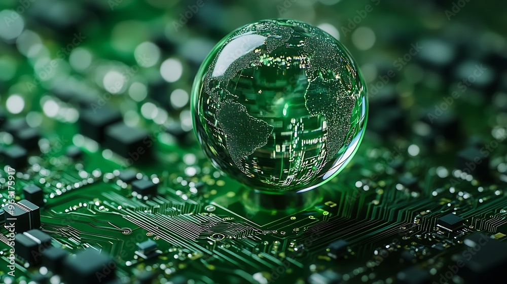 Aufkleber concept of green technology crystal globe on circuit board technology innovations environment green 
