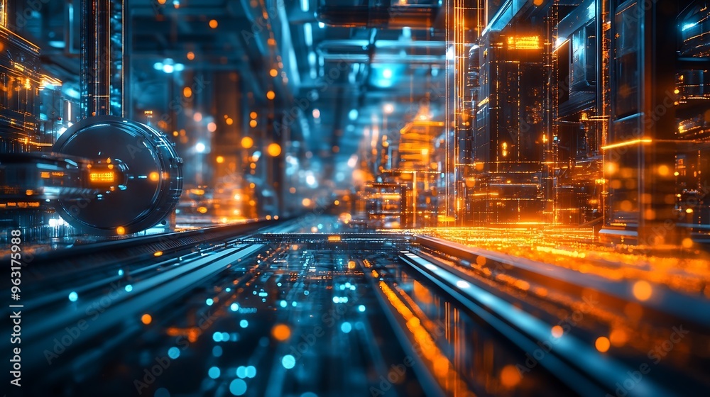 Poster Modern factory and communication network concept Telecommunication IoT Internet of Things ICT Information communication Technology 5G Smart factory Digital transformation : Generative AI