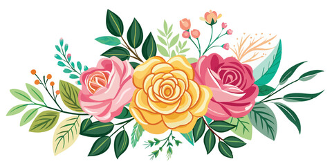 Colorful Floral Branch with Pink & Yellow Roses, Wildflowers - Vector style on white background. 