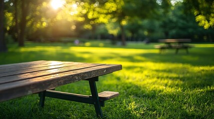 Naklejka premium Park Picnic table bench rest relax outdoors Benches and tables on green grass in recreational area : Generative AI