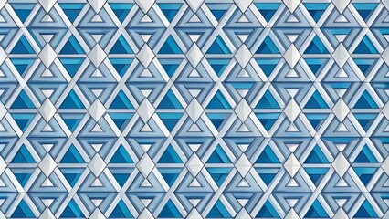 Create a mesmerizing repeating pattern of interlocking triangles in shades of blue and white on a light gray background, with clean lines and precise shapes.