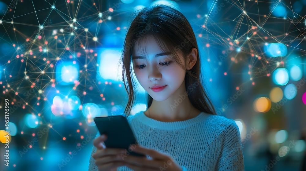 Poster Wireless communication network concept Mobile technologyYoung asian woman using a smart phone : Generative AI
