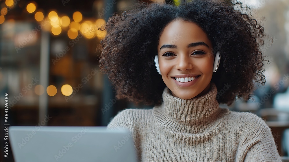 Poster beautiful smiling young mixed race woman in turtleneck and with curly hair sitting in cafe and havin