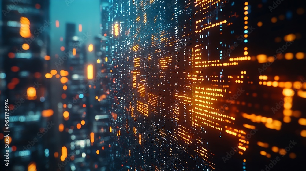 Aufkleber Digital technology internet network connection big data digital marketing IoT Programmer coding on computer with smart city and internet network data accessing innovative technology ba : Generative AI