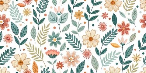 Minimalist floral pattern featuring simple, stylized flowers and leaves in a limited color palette, set against a clean white background with plenty of negative space.