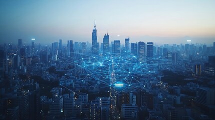 Modern city and wireless communication network concept Smart city Digital transformation Vertical visual for advertisements and banners : Generative AI