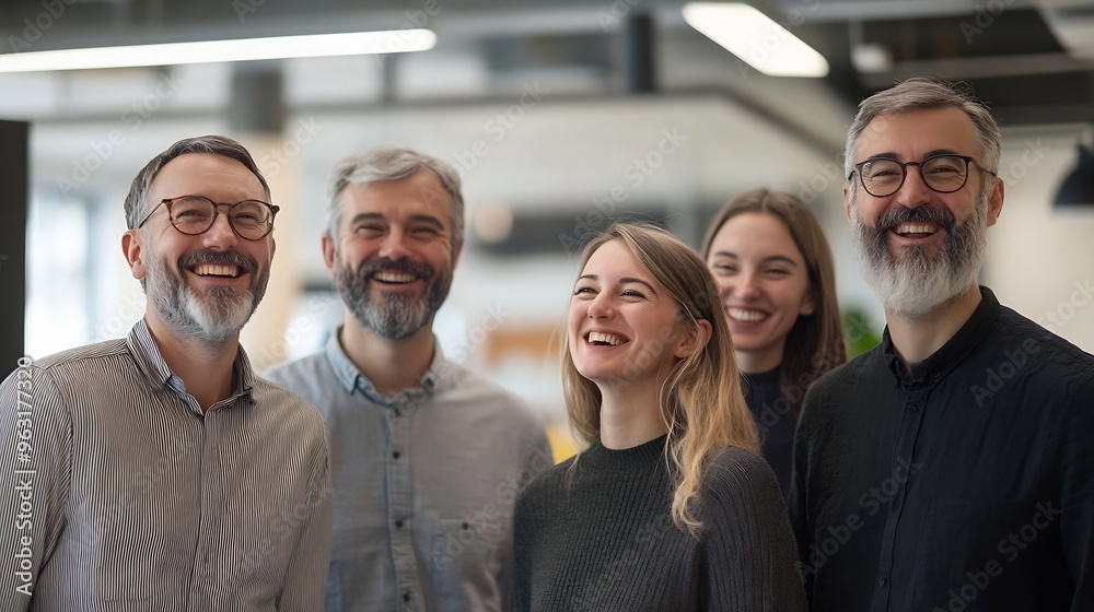 Poster successful business team laughing while standing together group of tech professionals prepare to hav