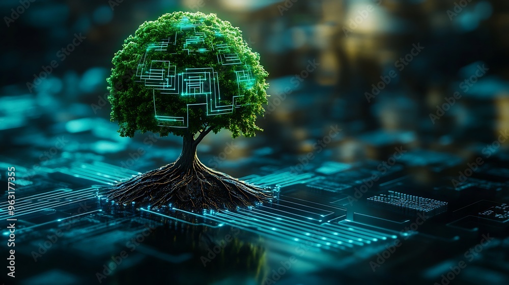 Leinwandbilder Tree growing on Circuit digital ball Digital and Technology Convergence Blue light and Wireframe network background Green Computing Green Technology Green IT csr and IT ethics Concept : Generative AI