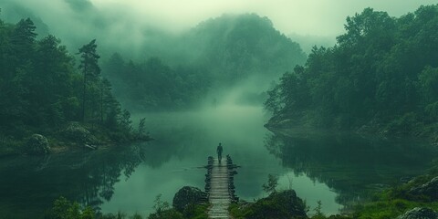 A Solitary Figure Walks Across a Wooden Bridge Over a Misty Lake Surrounded by Lush Green Trees