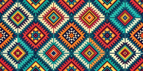 Modern Aztec-inspired pattern featuring geometric shapes and symbols in bold, bright colors, arranged in a repeating sequence to create a dynamic and graphic design