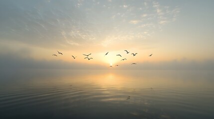 Fototapeta premium 3. A flock of migratory birds flying over a serene, misty lake at dawn