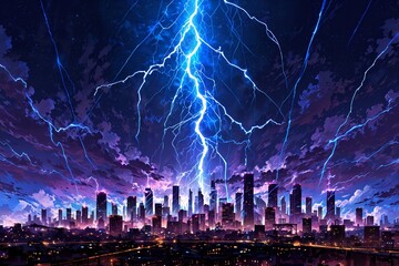 A dramatic lightning storm illuminates a city skyline, creating a powerful and electrifying atmosphere that captures the intensity of nature's fury.
