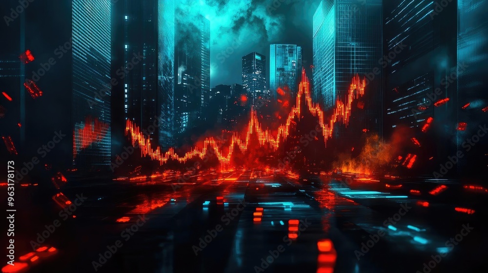Poster a futuristic cityscape featuring a vibrant red and blue data visualization in a sleek, digital envir