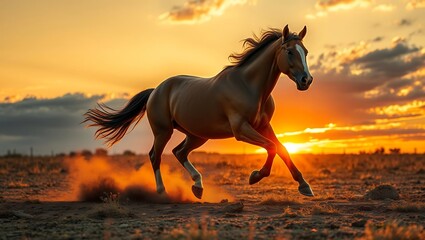 A horse running in the ground at sunset 