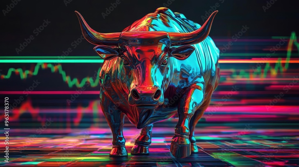 Poster A vibrant, digital bull symbolizing market strength, surrounded by dynamic graph patterns and colorful light effects.