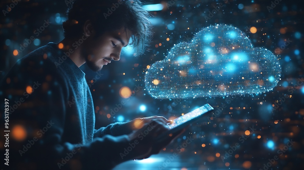 Leinwandbilder Digital technology data exchange cloud computing global business concept Businessman working on laptop and digital tablet with internet network futuristic technology background : Generative AI